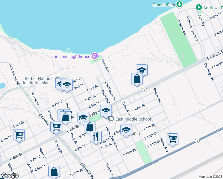 map of restaurants, bars, coffee shops, grocery stores, and more near 405 Lighthouse Street in Erie