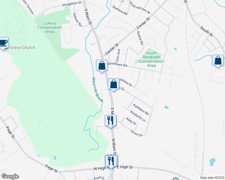 map of restaurants, bars, coffee shops, grocery stores, and more near 650 South Main Street in Randolph