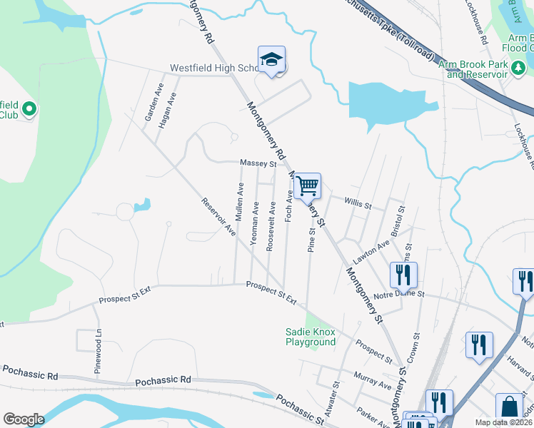 map of restaurants, bars, coffee shops, grocery stores, and more near 98 Roosevelt Avenue in Westfield