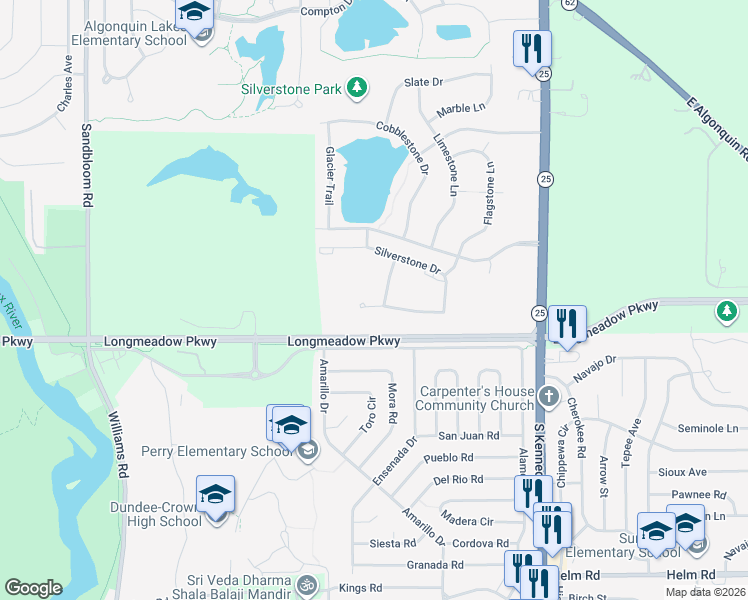 map of restaurants, bars, coffee shops, grocery stores, and more near 1407 Silverstone Drive in Carpentersville