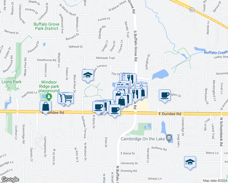 map of restaurants, bars, coffee shops, grocery stores, and more near 11 Oak Creek Drive in Buffalo Grove