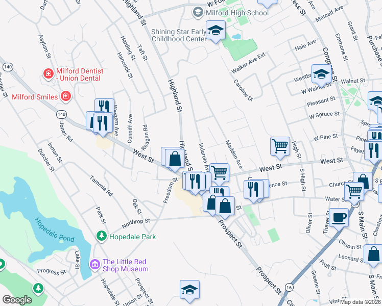 map of restaurants, bars, coffee shops, grocery stores, and more near 9 Highland Street in Milford