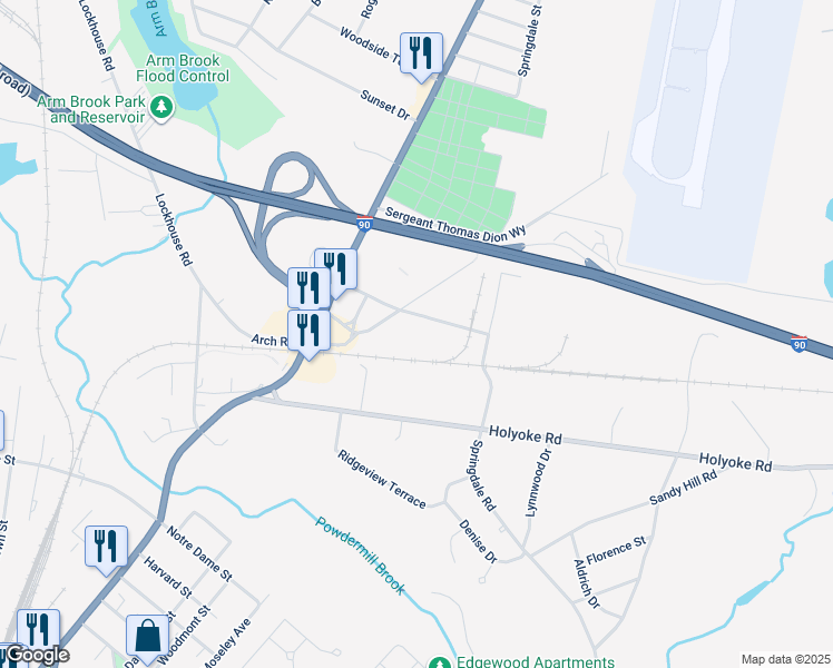 map of restaurants, bars, coffee shops, grocery stores, and more near 47 Westfield Ind Park Road in Westfield