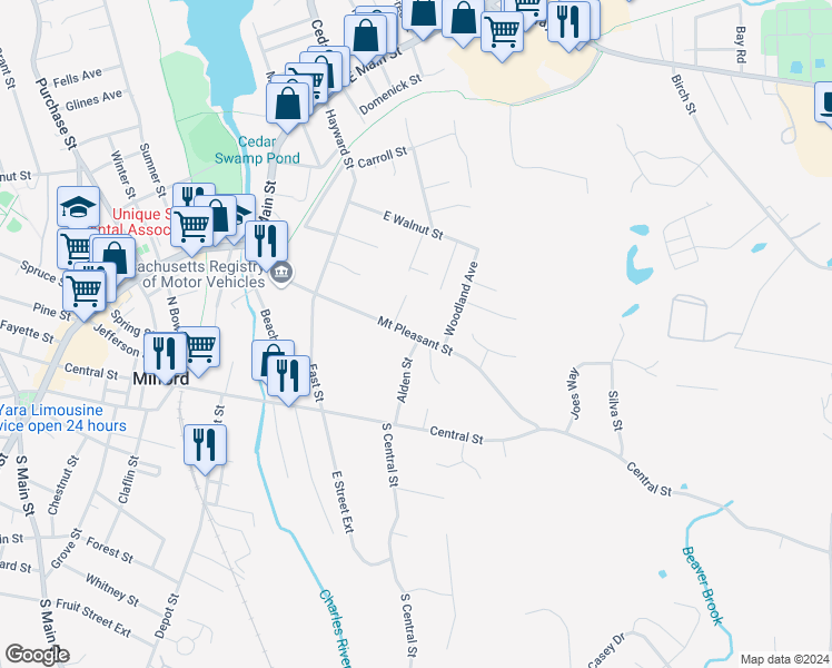map of restaurants, bars, coffee shops, grocery stores, and more near 70 Mount Pleasant Street in Milford