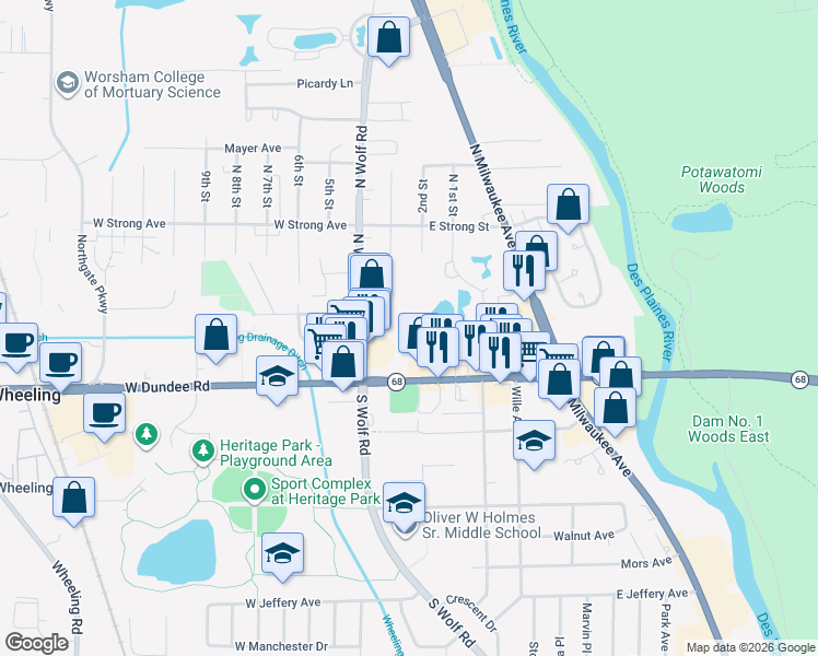 map of restaurants, bars, coffee shops, grocery stores, and more near 100 Deborah Lane in Wheeling