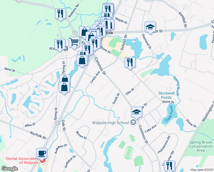 map of restaurants, bars, coffee shops, grocery stores, and more near 18 Riverside Place in Walpole