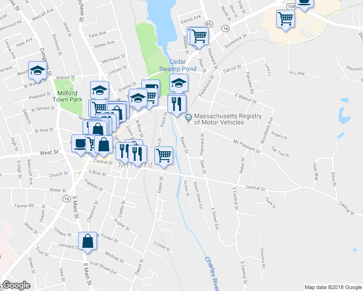 map of restaurants, bars, coffee shops, grocery stores, and more near 29 Beach Street in Milford