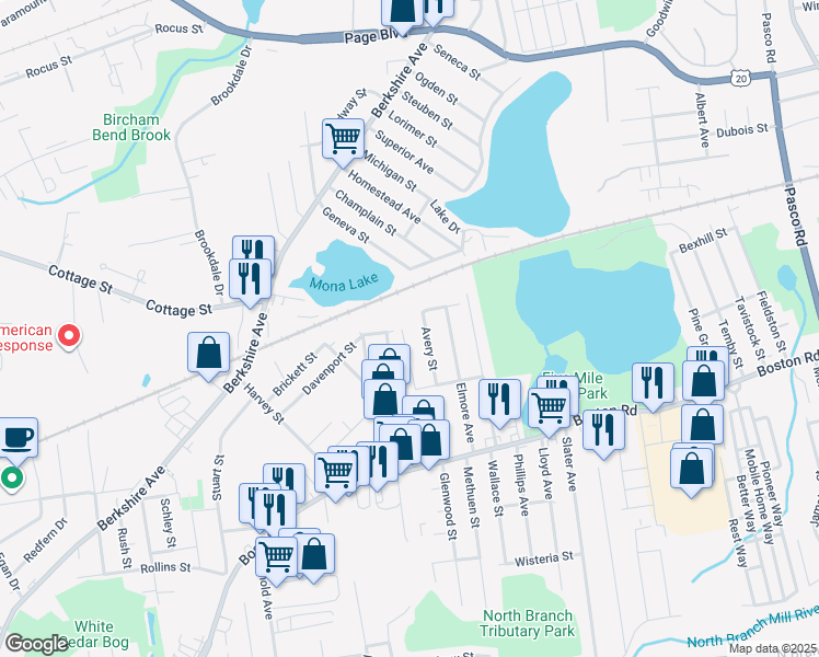 map of restaurants, bars, coffee shops, grocery stores, and more near 132 Avery Street in Springfield
