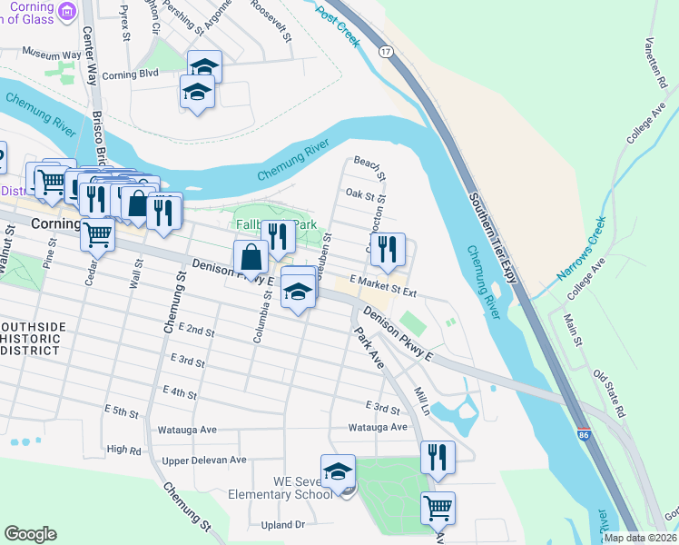map of restaurants, bars, coffee shops, grocery stores, and more near 319 East Market Street Extensoin in Corning