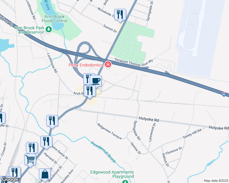 map of restaurants, bars, coffee shops, grocery stores, and more near 47 Westfield Ind Park Road in Westfield