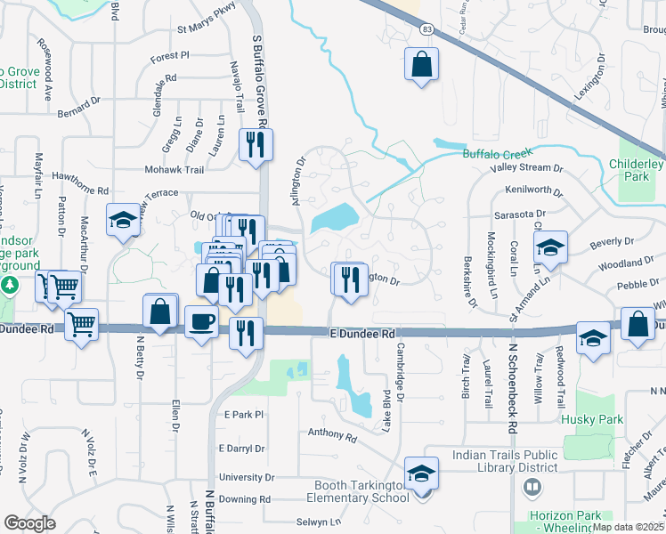 map of restaurants, bars, coffee shops, grocery stores, and more near 1606 Brittany Court in Wheeling