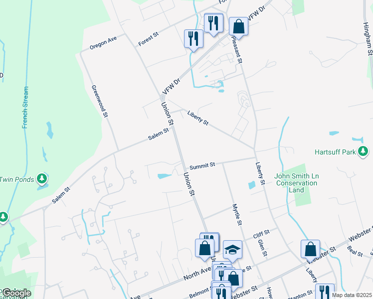 map of restaurants, bars, coffee shops, grocery stores, and more near 701 Union Street in Rockland