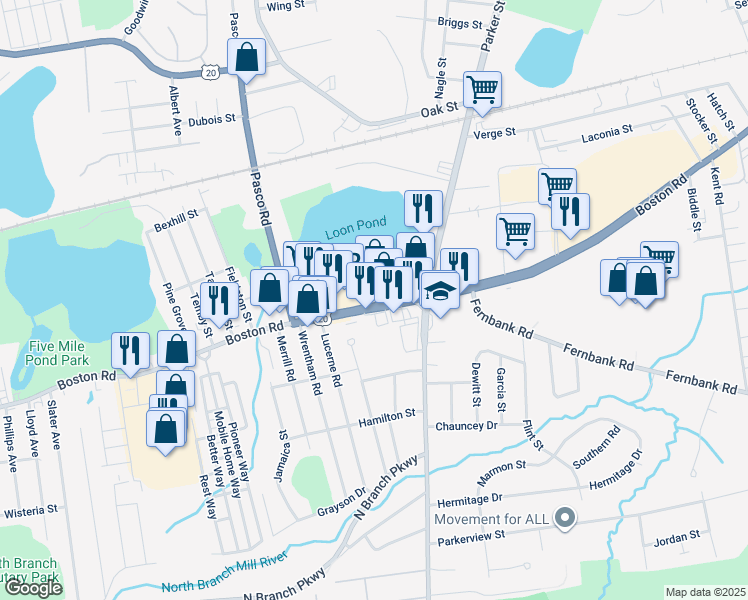 map of restaurants, bars, coffee shops, grocery stores, and more near 1045 Boston Road in Springfield