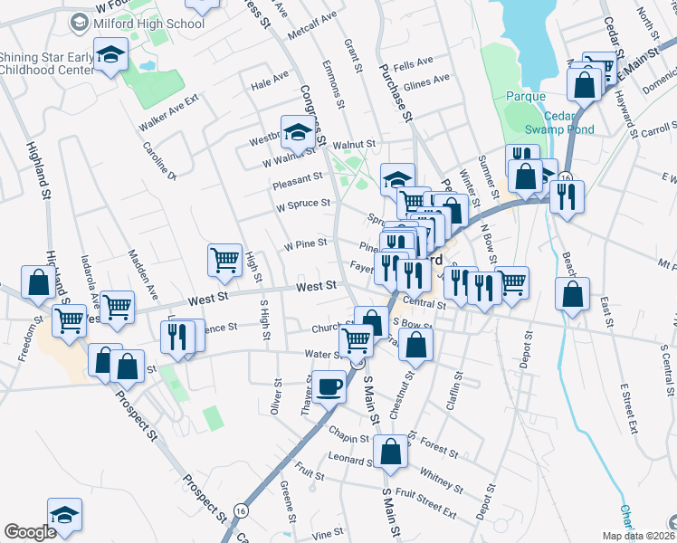map of restaurants, bars, coffee shops, grocery stores, and more near 28 Congress Street in Milford