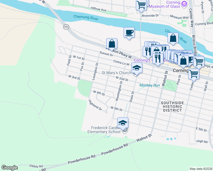 map of restaurants, bars, coffee shops, grocery stores, and more near 249 West 3rd Street in Corning