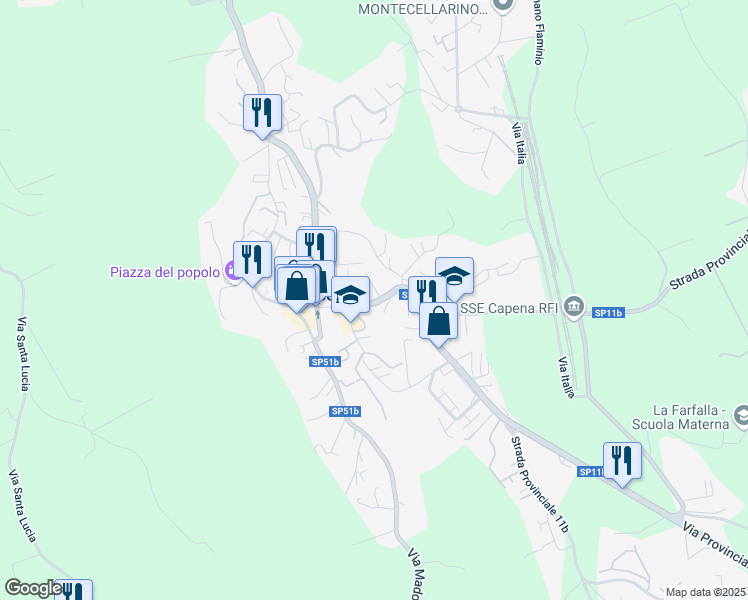 map of restaurants, bars, coffee shops, grocery stores, and more near Strada Provinciale 11b in Capena