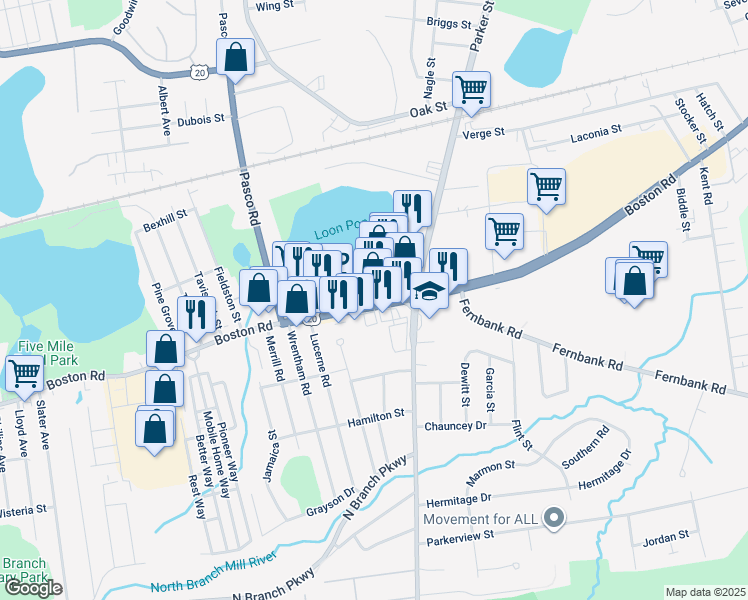 map of restaurants, bars, coffee shops, grocery stores, and more near 1045 Boston Road in Springfield