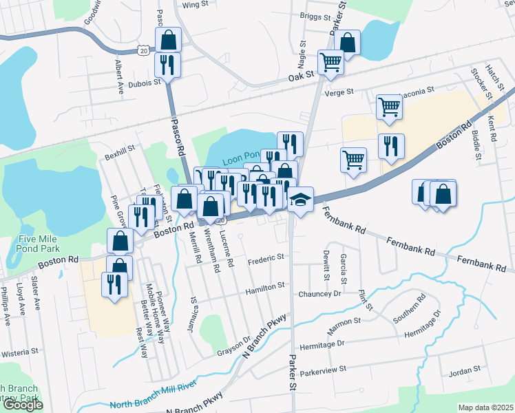 map of restaurants, bars, coffee shops, grocery stores, and more near 1045 Boston Road in Springfield