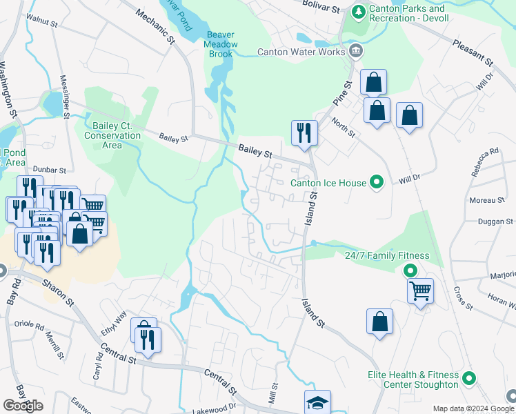 map of restaurants, bars, coffee shops, grocery stores, and more near 212 Greenbrook Drive in Stoughton