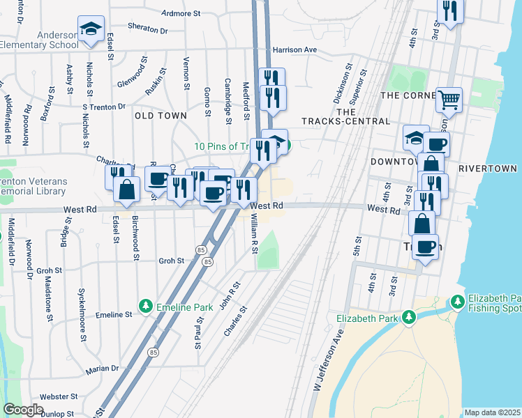 map of restaurants, bars, coffee shops, grocery stores, and more near 1645 West Road in Trenton