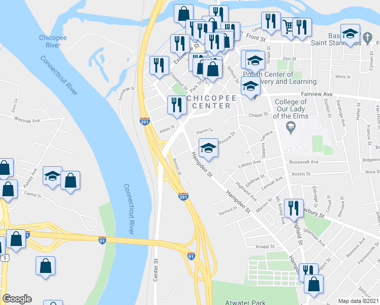 map of restaurants, bars, coffee shops, grocery stores, and more near 13 Burton Street in Chicopee