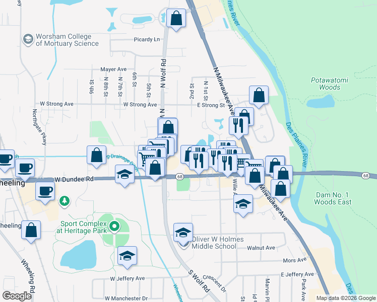 map of restaurants, bars, coffee shops, grocery stores, and more near 100 Deborah Lane in Wheeling