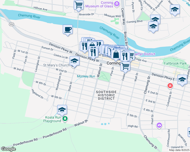 map of restaurants, bars, coffee shops, grocery stores, and more near 59 W 2nd St in Corning