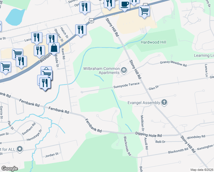 map of restaurants, bars, coffee shops, grocery stores, and more near 22 Sunnyside Terrace in Wilbraham