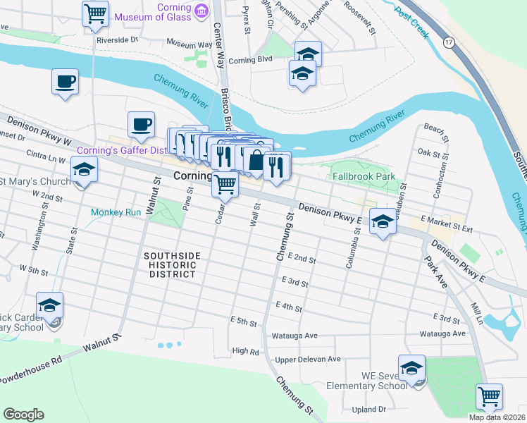 map of restaurants, bars, coffee shops, grocery stores, and more near 107 East 1st Street in Corning