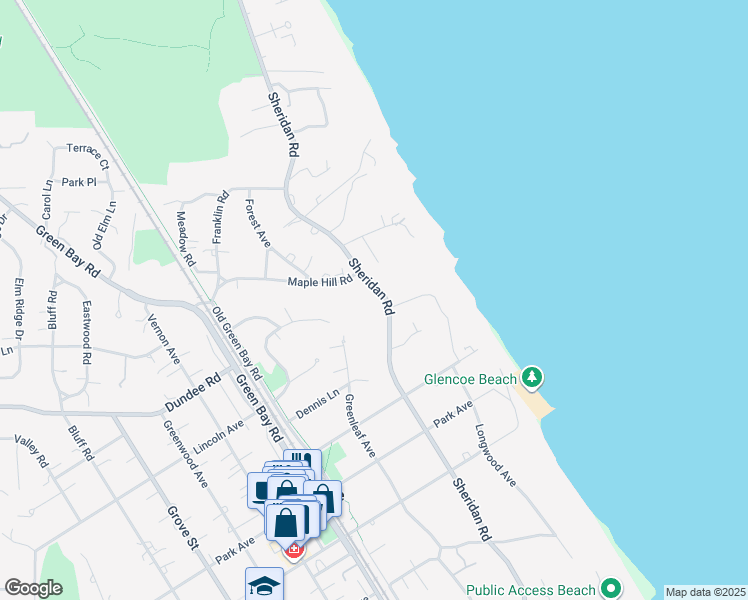 map of restaurants, bars, coffee shops, grocery stores, and more near 850 Sheridan Road in Glencoe