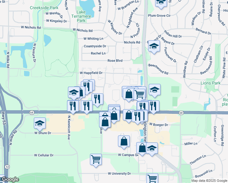 map of restaurants, bars, coffee shops, grocery stores, and more near 830 Trace Drive in Buffalo Grove