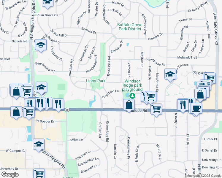 map of restaurants, bars, coffee shops, grocery stores, and more near 698 Hapsfield Lane in Buffalo Grove