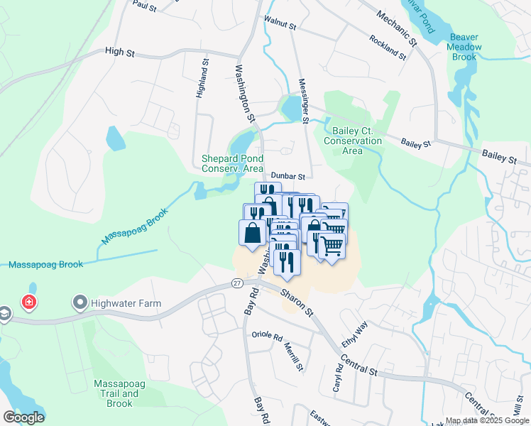 map of restaurants, bars, coffee shops, grocery stores, and more near 132 Washington Street in Canton
