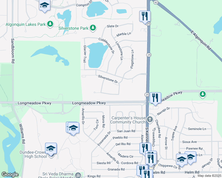map of restaurants, bars, coffee shops, grocery stores, and more near 2129 Silverstone Drive in Carpentersville