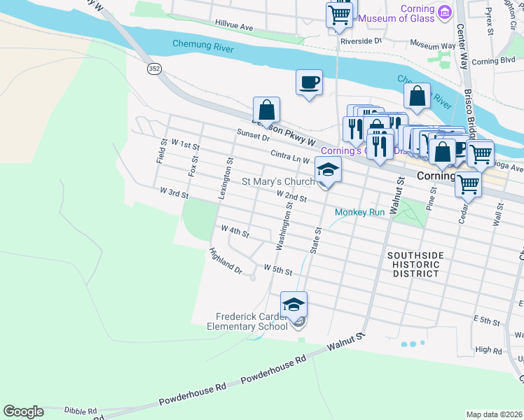 map of restaurants, bars, coffee shops, grocery stores, and more near 240 West 3rd Street in Corning