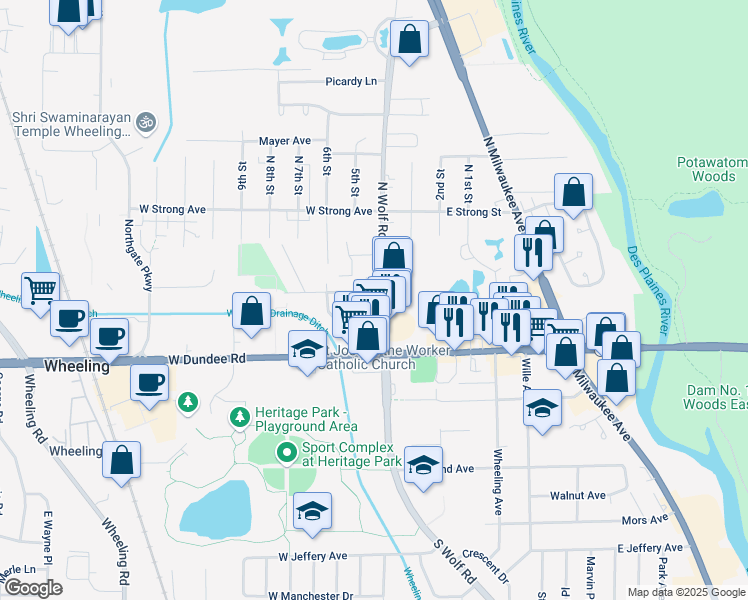 map of restaurants, bars, coffee shops, grocery stores, and more near 30 6th Street in Wheeling