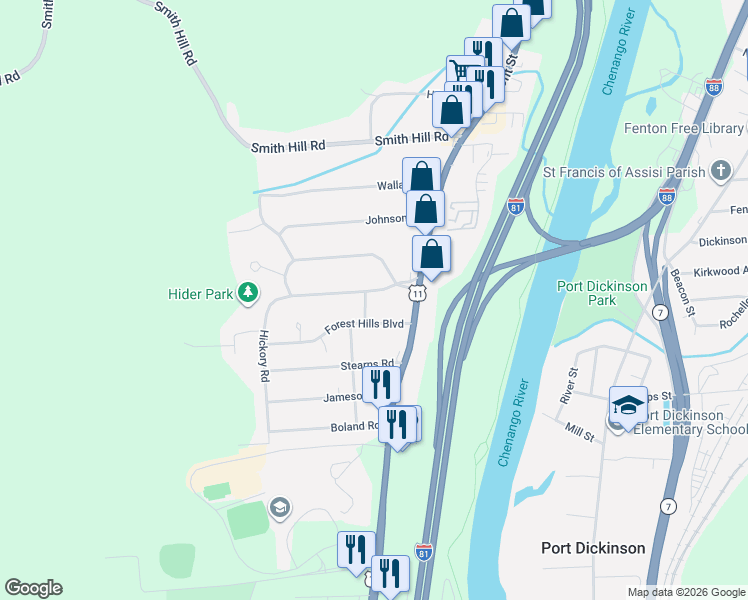 map of restaurants, bars, coffee shops, grocery stores, and more near 8 Mitch Avenue in Binghamton