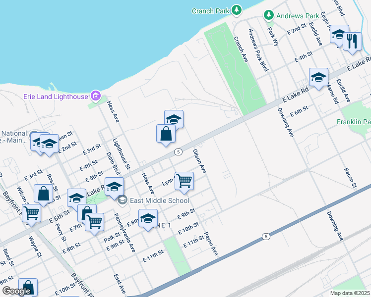 map of restaurants, bars, coffee shops, grocery stores, and more near 1446 Atkins Street in Erie