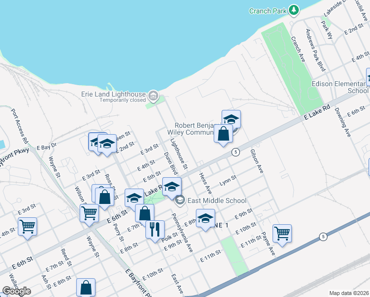 map of restaurants, bars, coffee shops, grocery stores, and more near 405 Lighthouse Street in Erie