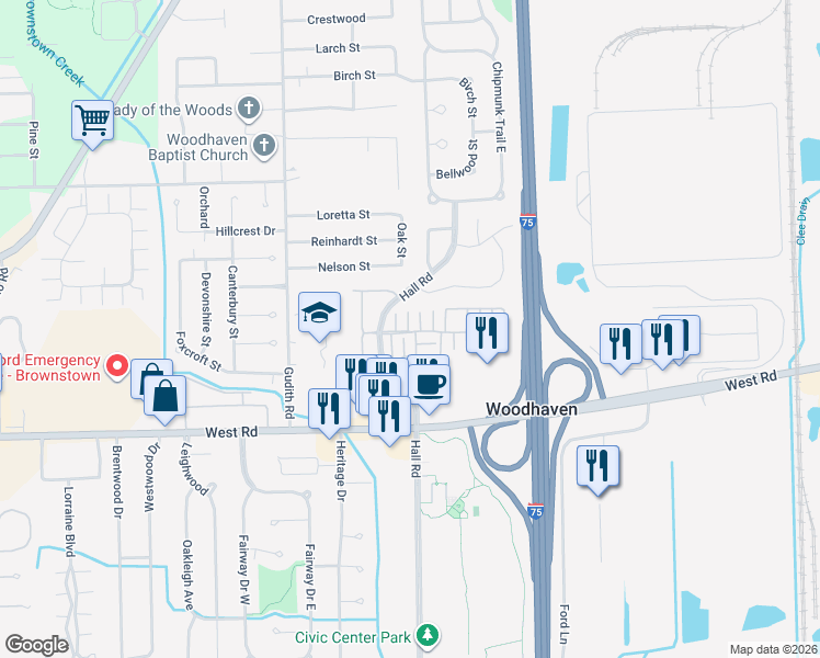 map of restaurants, bars, coffee shops, grocery stores, and more near 23071 Fairlane Boulevard in Woodhaven