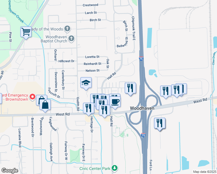 map of restaurants, bars, coffee shops, grocery stores, and more near 23071 Fairlane Boulevard in Woodhaven