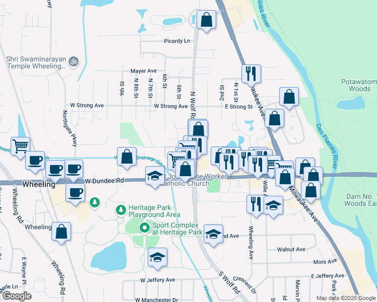 map of restaurants, bars, coffee shops, grocery stores, and more near 30 6th Street in Wheeling