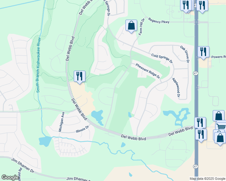 map of restaurants, bars, coffee shops, grocery stores, and more near 12983 Farm Hill Drive in Huntley