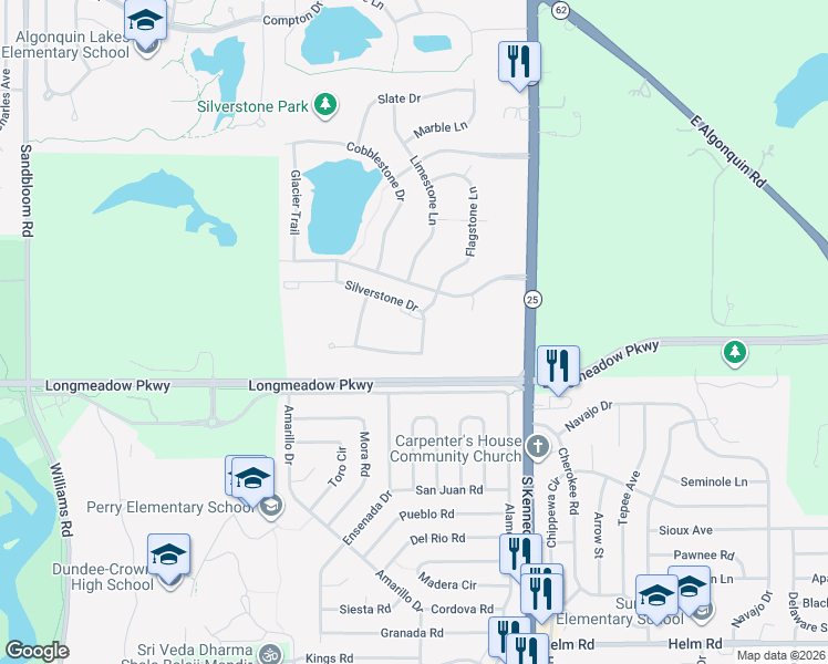 map of restaurants, bars, coffee shops, grocery stores, and more near 1917 Silverstone Drive in Carpentersville
