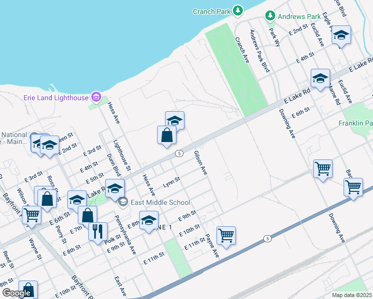 map of restaurants, bars, coffee shops, grocery stores, and more near 1446 Atkins Street in Erie