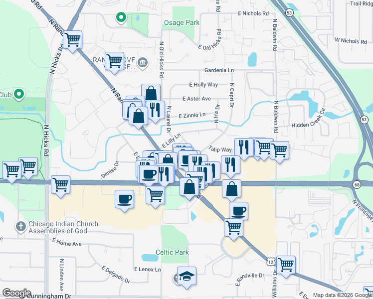 map of restaurants, bars, coffee shops, grocery stores, and more near 1708 North Rose Avenue in Palatine