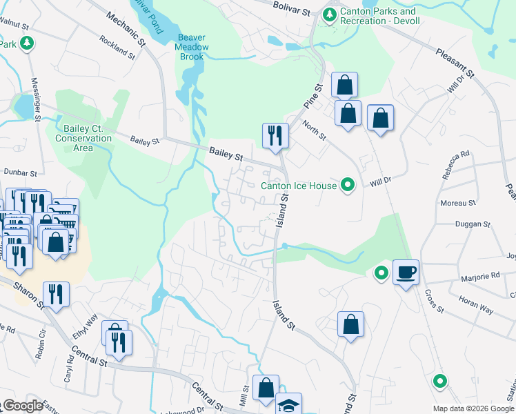 map of restaurants, bars, coffee shops, grocery stores, and more near 24 Rosewood Drive in Stoughton