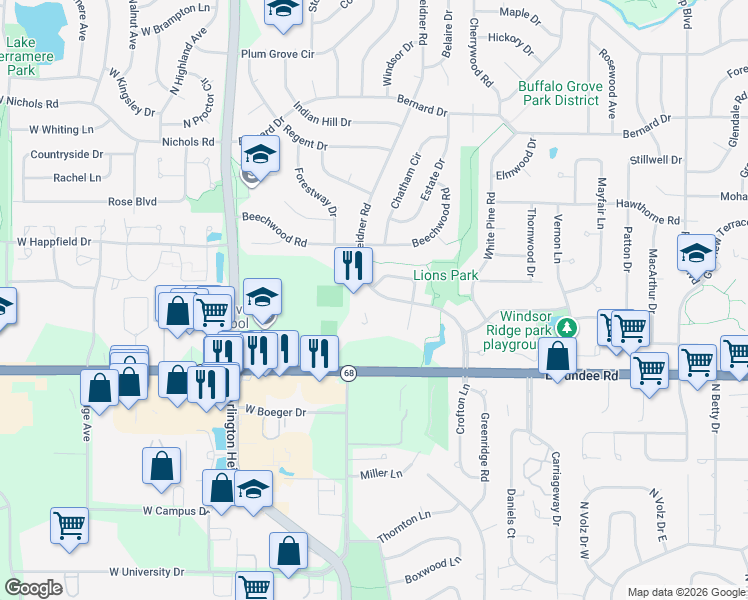 map of restaurants, bars, coffee shops, grocery stores, and more near 740 Weidner Road in Buffalo Grove