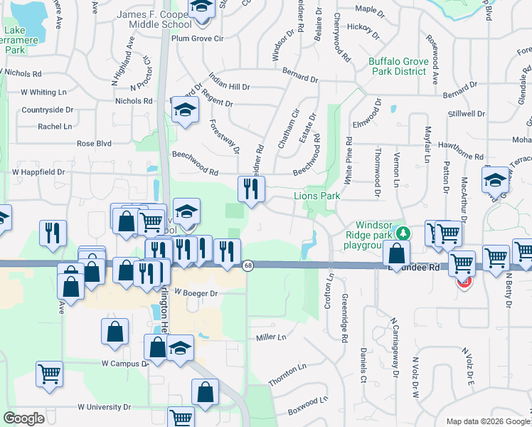 map of restaurants, bars, coffee shops, grocery stores, and more near 740 Weidner Road in Buffalo Grove