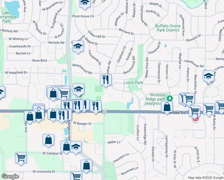 map of restaurants, bars, coffee shops, grocery stores, and more near 720 Weidner Road in Buffalo Grove